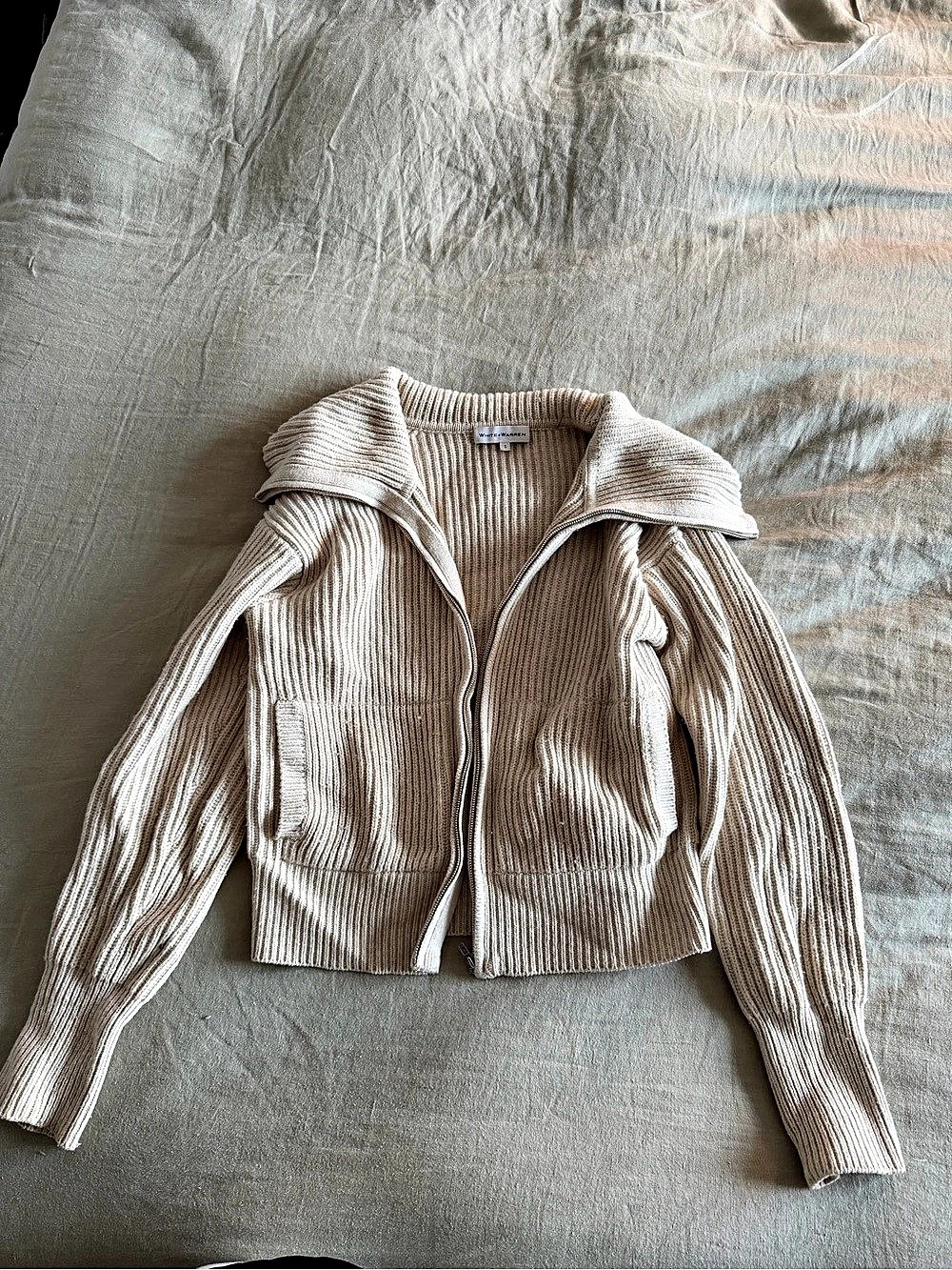 White + Warren Ribbed Zip Cardigan in Cream Size Small Like New